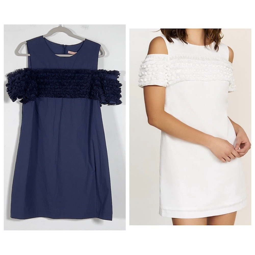 Hutch Cold Shoulder Shift Dress Women Sz L Blue Pom Pom Fringe Detail